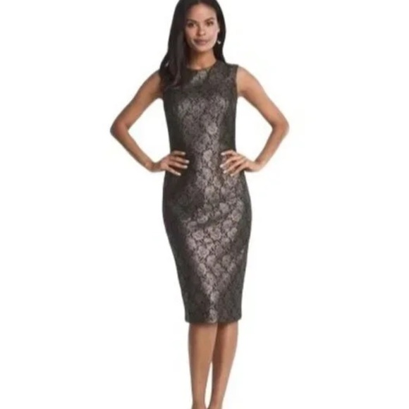 White House Black Market Dresses & Skirts - White House Black Market Black Pewter Floral Lace Midi Dress Gold Hues 0